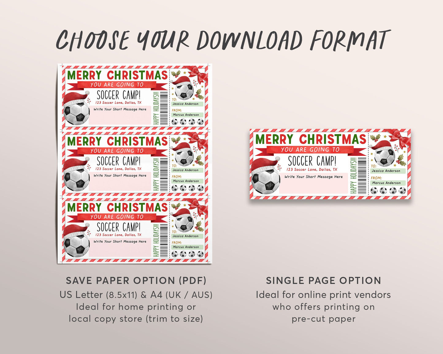 Christmas Soccer Camp Gift Ticket Editable Template, Surprise Training Camp Sports Game Voucher Skills Clinic Coupon, Holiday Certificate