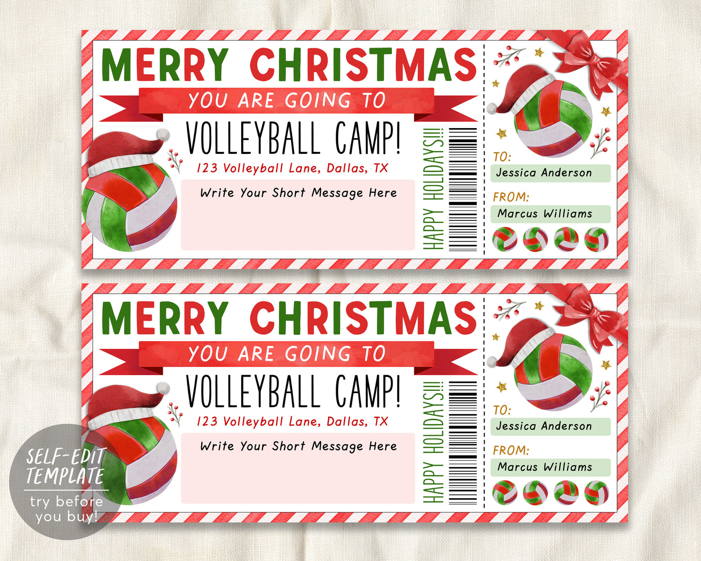 Christmas Volleyball Camp Gift Ticket Editable Template