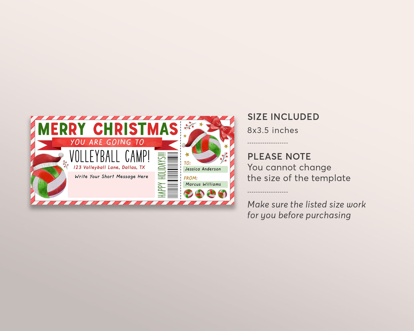 Christmas Volleyball Camp Gift Ticket Editable Template, Surprise Training Camp Sports Game Voucher Skills Clinic Coupon Holiday Certificate