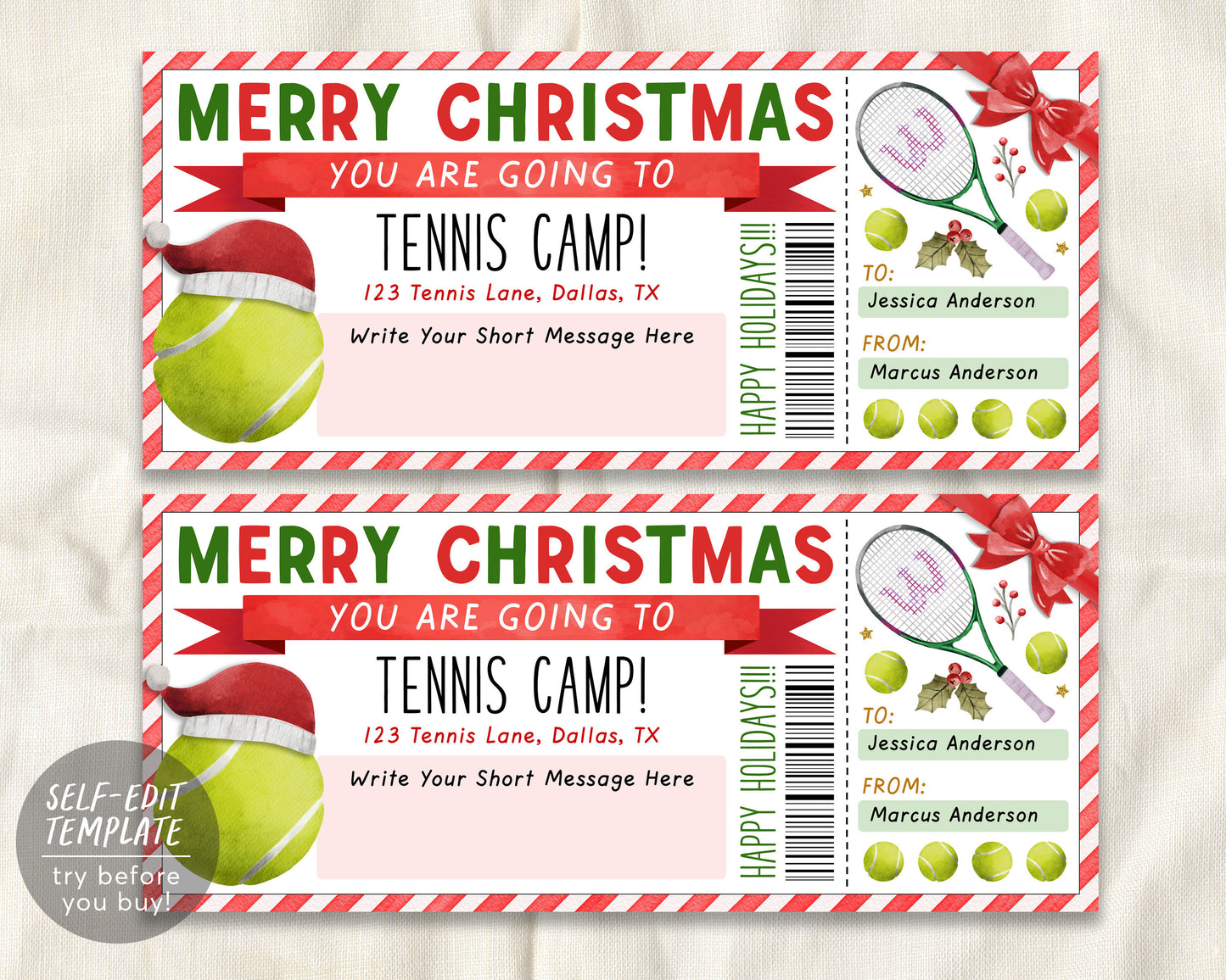 Christmas Tennis Camp Gift Ticket Editable Template