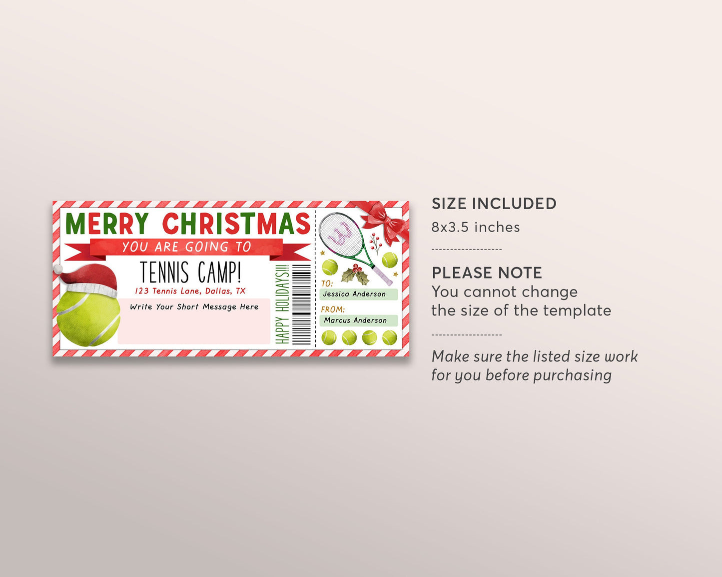 Christmas Tennis Camp Gift Ticket Editable Template, Surprise Training Camp Sports Game Voucher Skills Clinic Coupon, Holiday Certificate