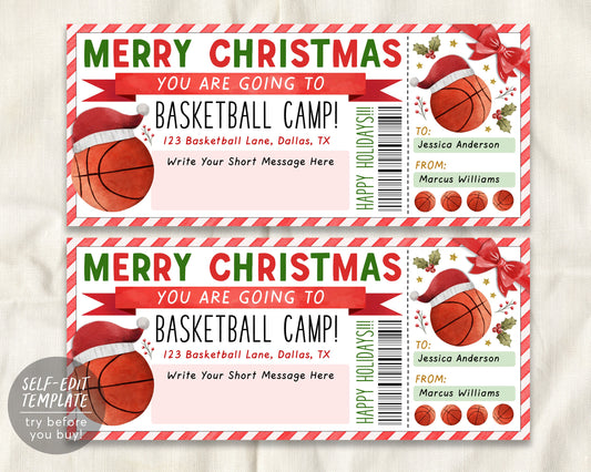 Christmas Basketball Camp Gift Ticket Editable Template