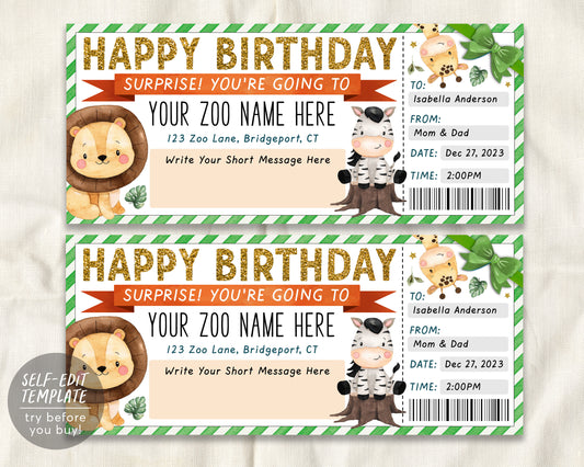 Birthday Zoo Ticket Editable Template, Surprise Gift For Kids, Zoo Membership Holiday Present, Safari Day Trip Animal Park Gift Certificate