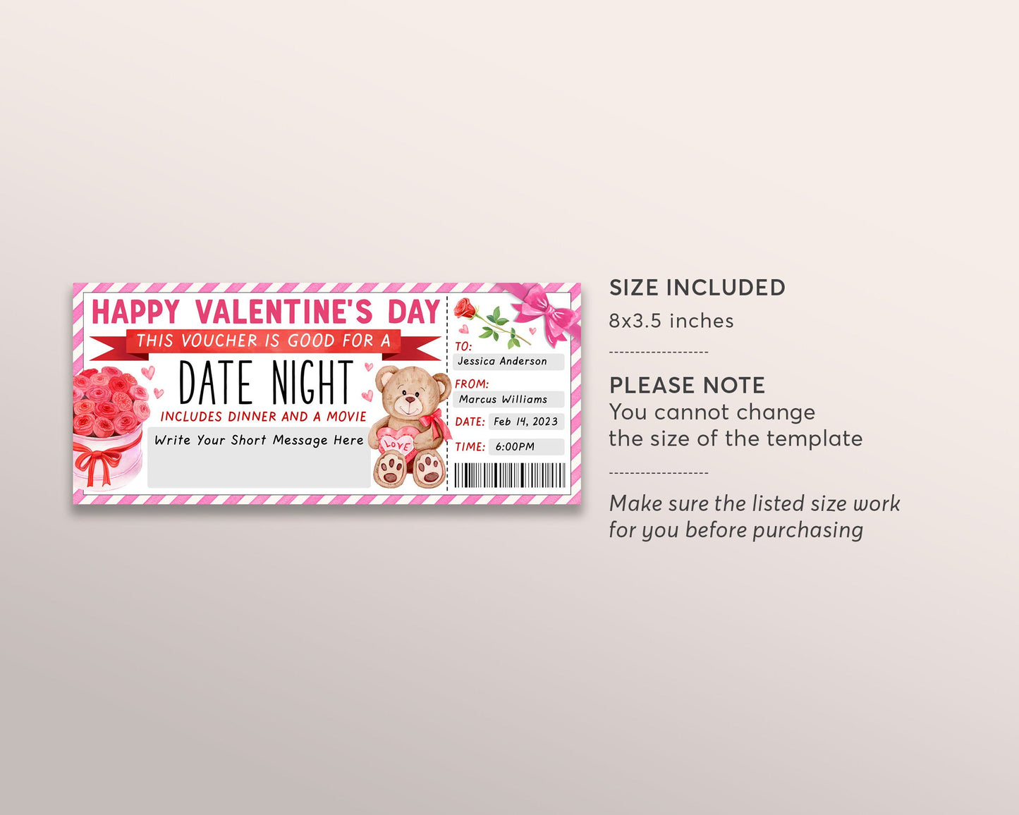 Valentines Day Date Night Gift Voucher Editable Template, Surprise Valentines Dinner Night Gift Certificate, Movie Night Love Coupons DIY