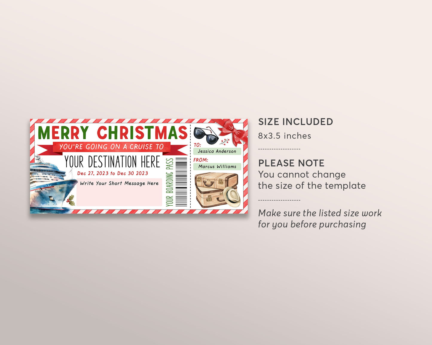 Surprise Cruise Boarding Pass Ticket Editable Template, Christmas Ship Gift Voucher, Vacation Travel Ticket Holiday Trip Reveal Destination