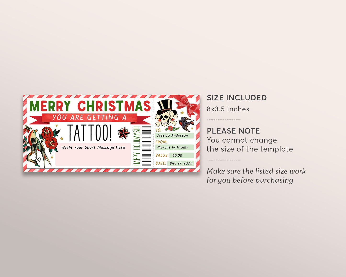 Christmas Tattoo Gift Certificate Editable Template, Surprise Tattoo Gift Voucher Ticket, Xmas Holiday Coupon Tattoo Parlor Skull Printable