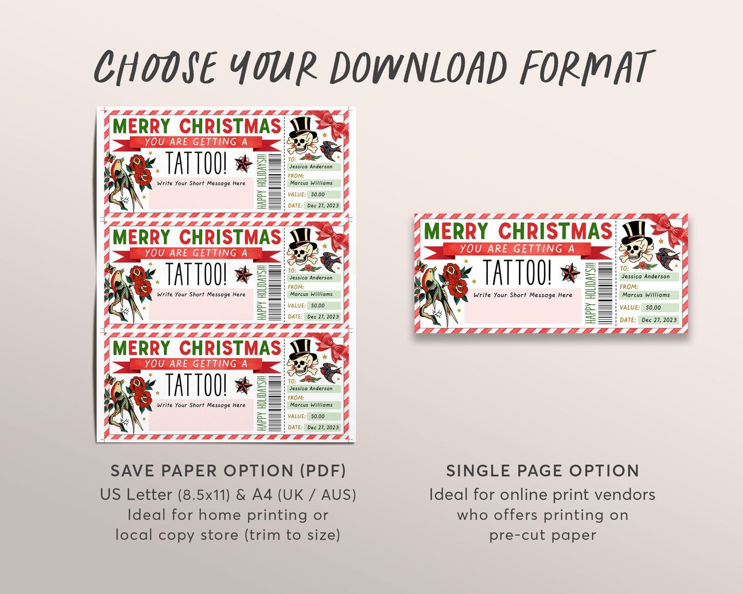 Christmas Tattoo Gift Certificate Editable Template, Surprise Tattoo Gift Voucher Ticket, Xmas Holiday Coupon Tattoo Parlor Skull Printable