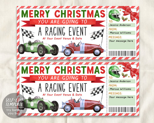 Christmas Car Race Ticket Gift Certificate Editable Template