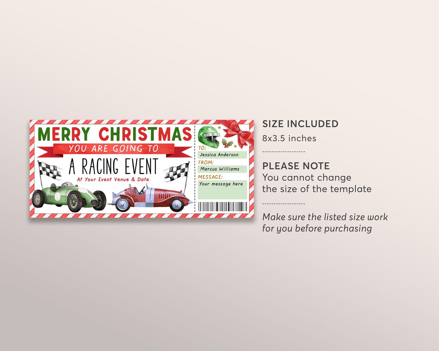 Christmas Car Race Ticket Gift Certificate Editable Template, Surprise Car Racing Event Voucher Printable, Holiday Driving Go Kart Coupon