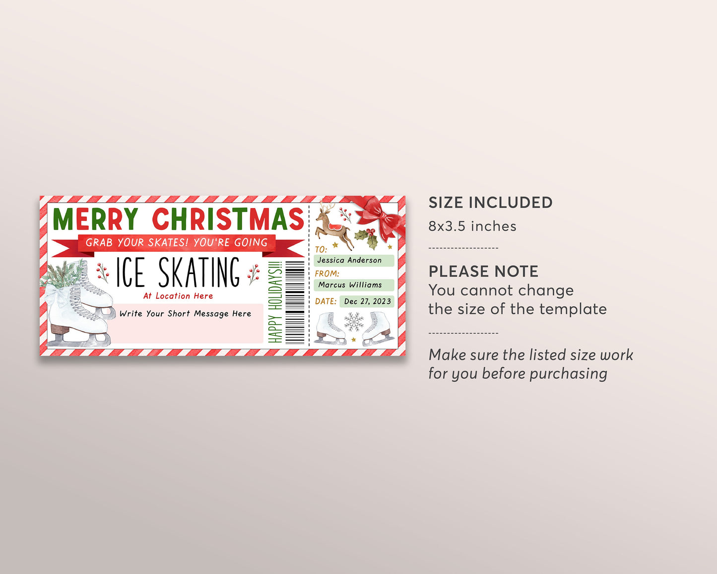 Ice Skating Christmas Gift Voucher Editable Template, Surprise Skating Lessons Gift Certificate Printable, Holiday Skating Membership Coupon