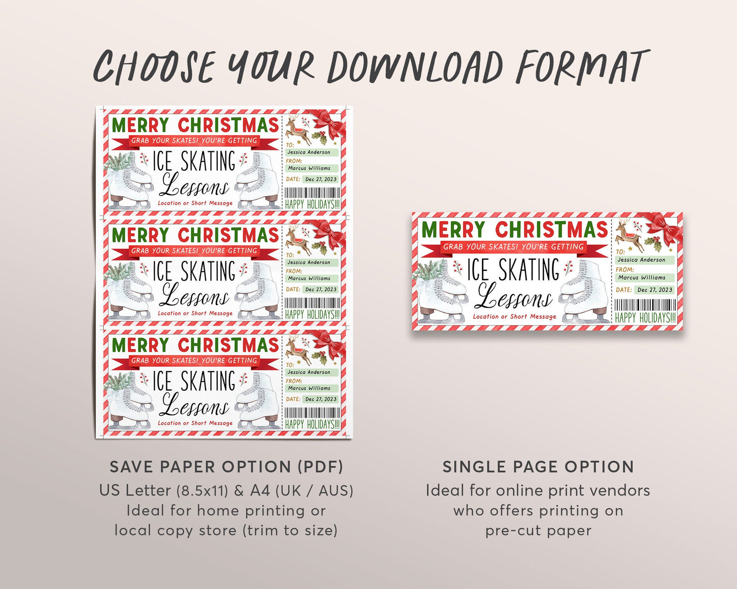 Ice Skating Lessons Christmas Gift Certificate Editable Template, Surprise Ice Skating Sports Voucher, Holiday Skating Membership Coupon