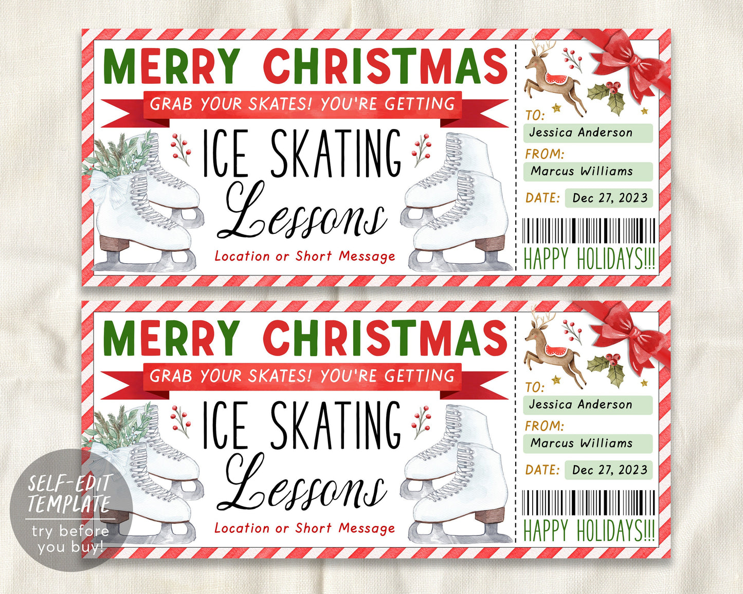 Ice Skating Lessons Christmas Gift Certificate Editable Template