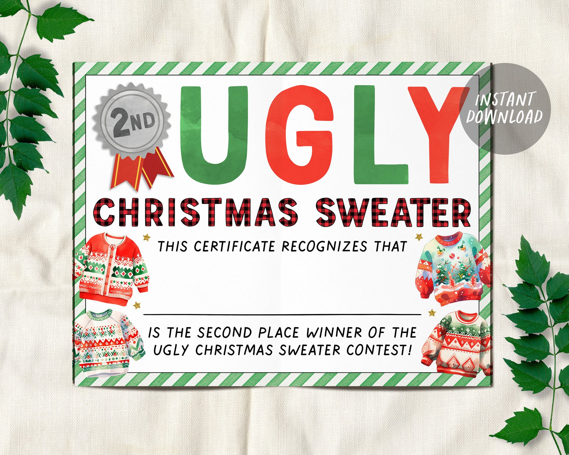 christmas ugly sweater party decorations bundle, ugly sweater contest certificate and ballots printables package, winner prize ribbons decor