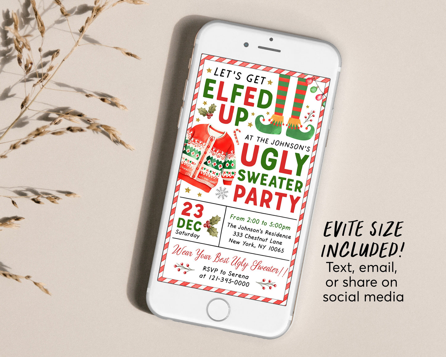 Let's Get Elfed Up Ugly Sweater Invitation Editable Template, Adult Christmas Party, Secret Elf Santa Holiday Xmas Gift Swap Party Invite