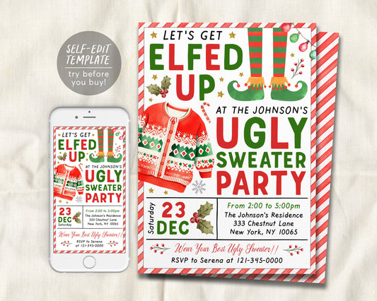 Let&#39;s Get Elfed Up Ugly Sweater Invitation Editable Template