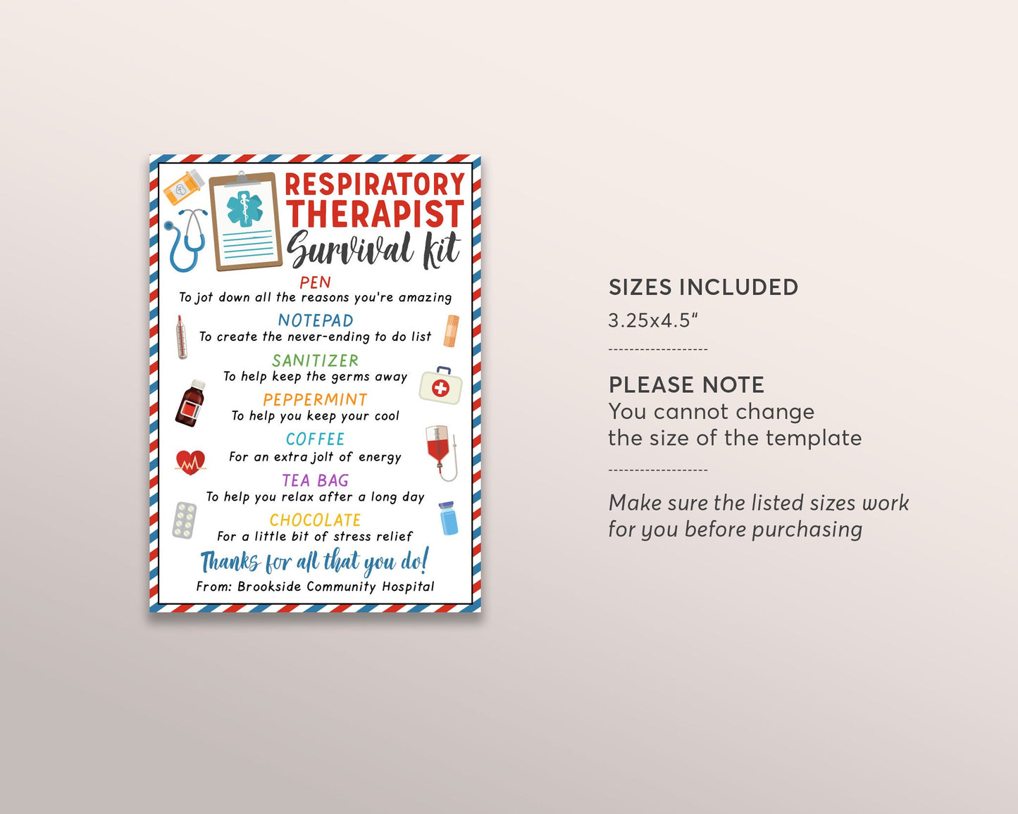 Respiratory Therapist Survival Kit Gift Tags Editable Template, Respiratory Nurse Pulmonologist RT Thank You, Medical Staff Appreciation