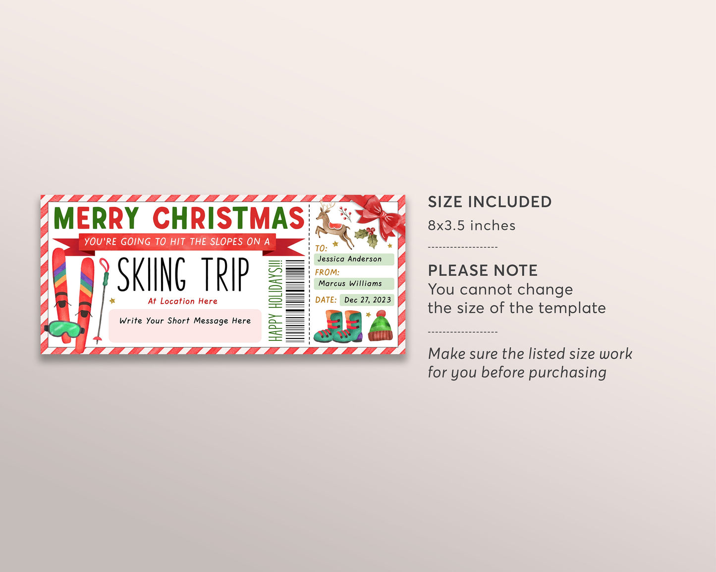 Ski Pass Christmas Gift Certificate Editable Template, Surprise Holiday Skiing Trip Vacation Gift Voucher Printable, Skiing Lessons Training