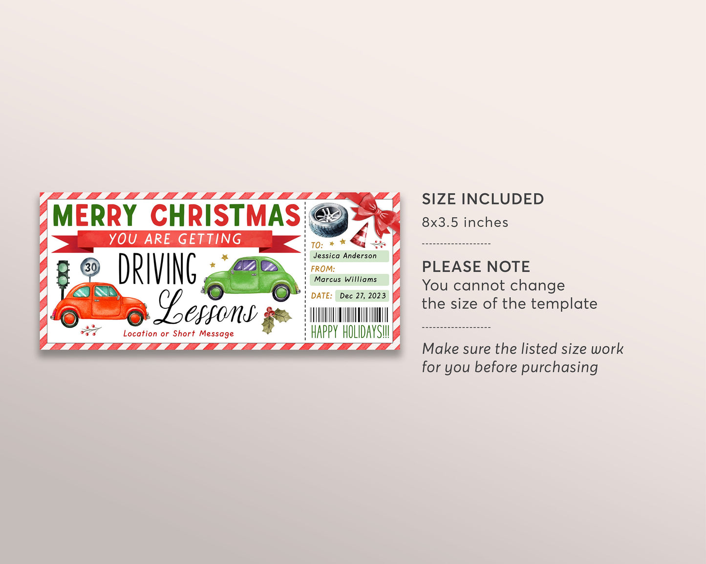 Christmas Driving Lessons Gift Certificate Editable Template, Surprise Driving School Gift Voucher Ticket, Holiday Learn to Drive Coupon