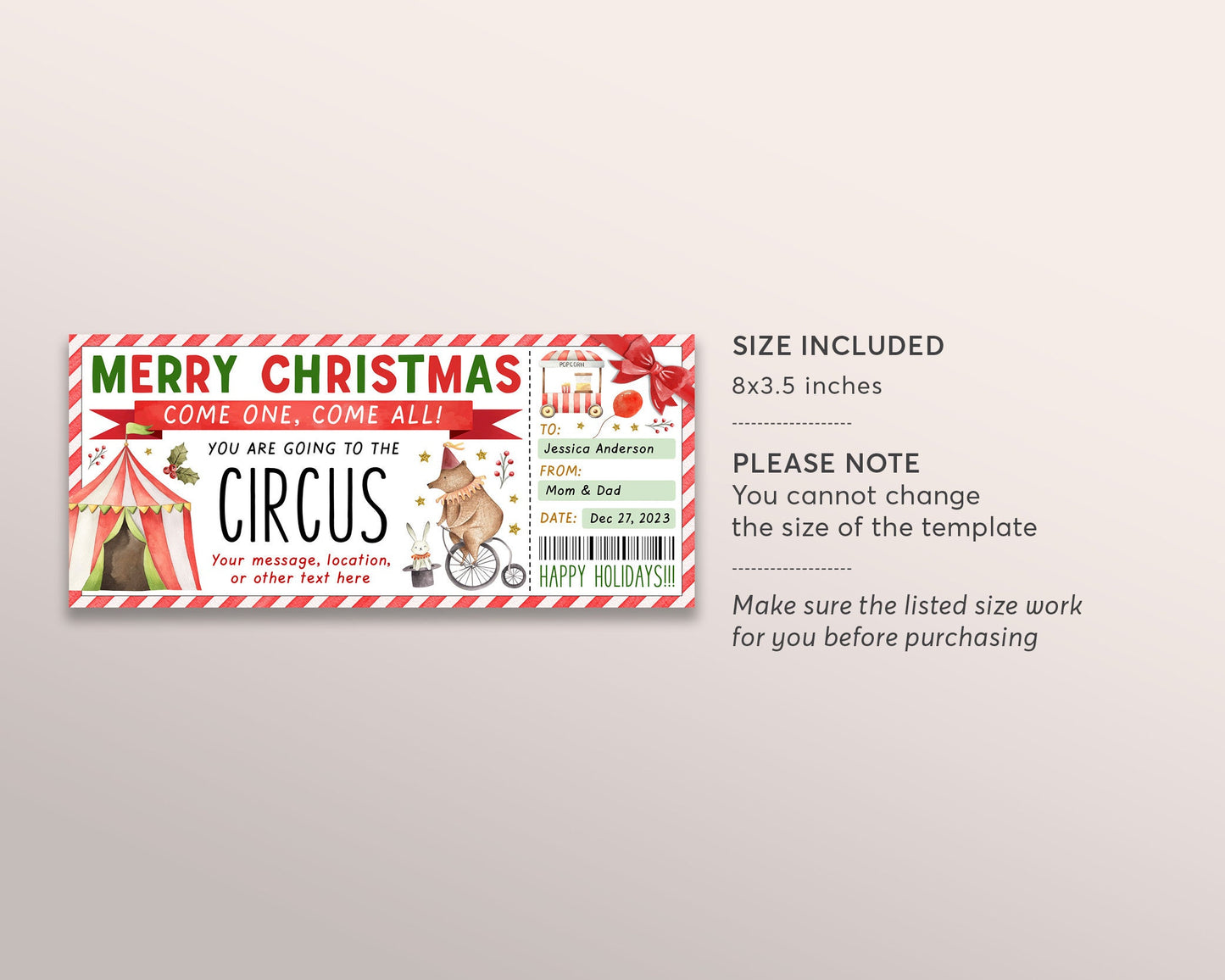 Christmas Circus Ticket Editable Template, Surprise Carnival Ticket Gift Voucher For Kids, Holiday Theme Park Day Trip Certificate Reveal