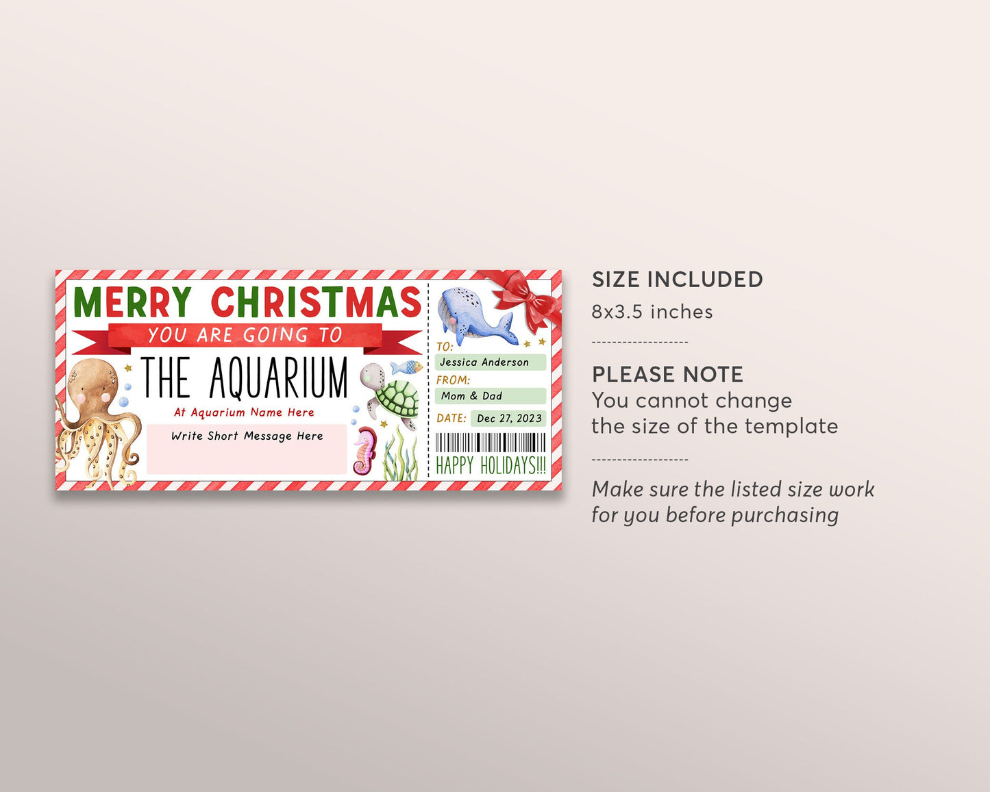 Christmas Aquarium Trip Ticket Editable Template, Surprise Holiday Aquarium Visit Gift Voucher For Kids, Day Trip Gift Certificate Coupon