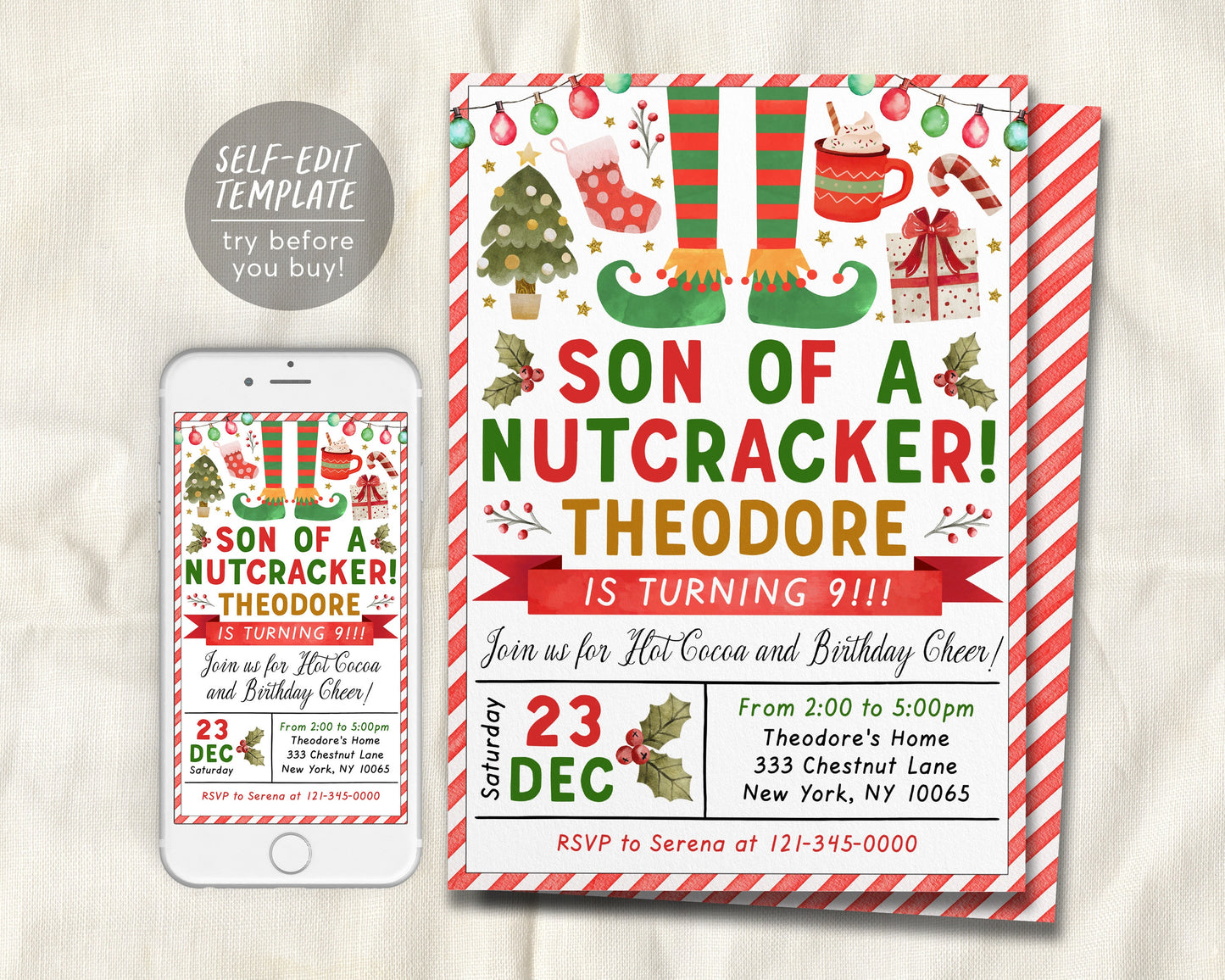 Elf Christmas Birthday Party Invitation Editable Template