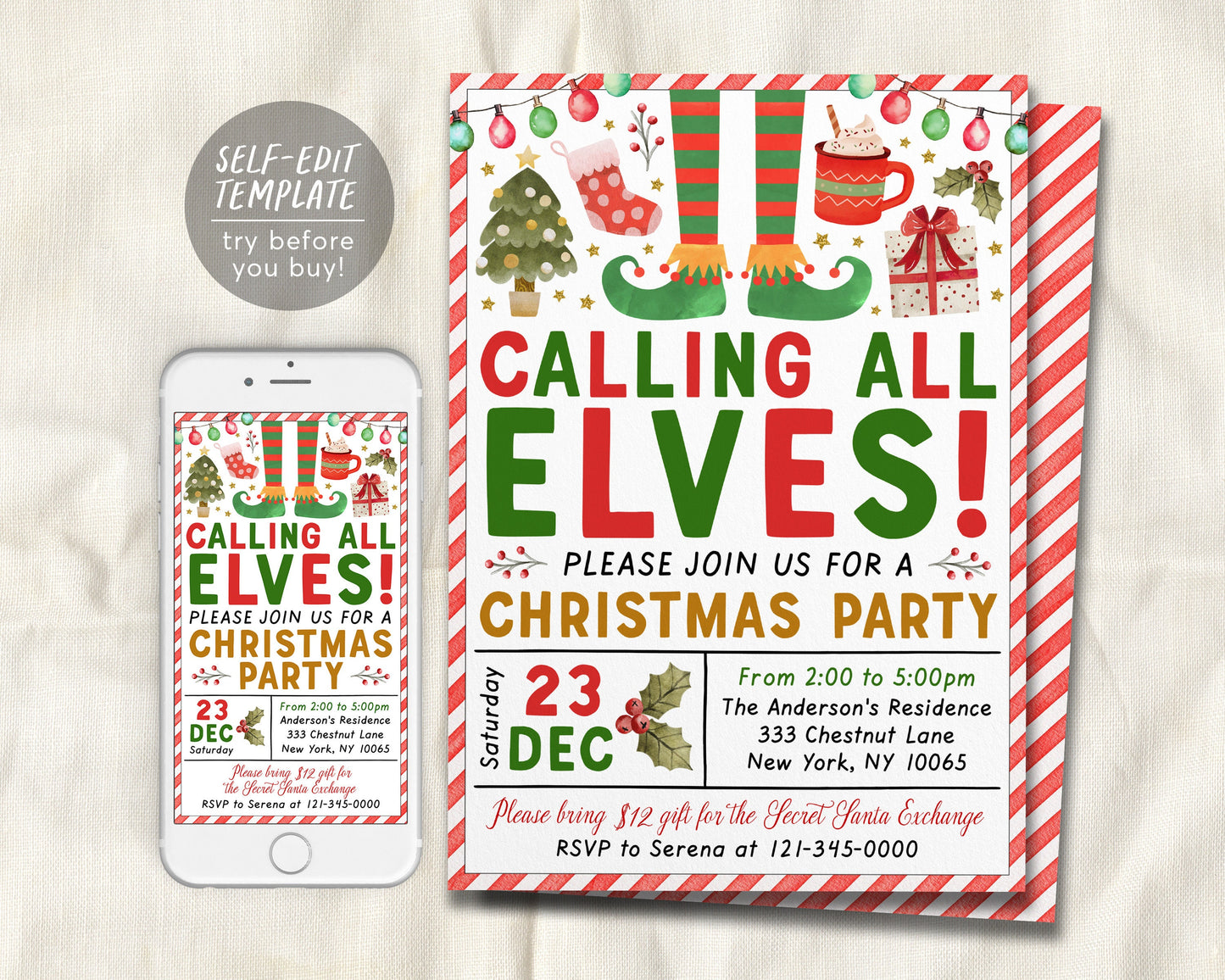 Calling All Elves Party Invitation Editable Template