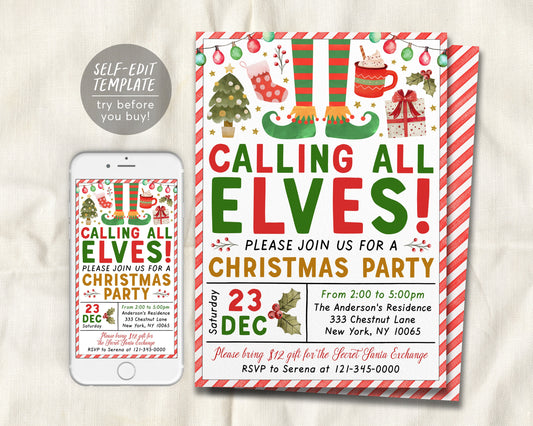 Calling All Elves Party Invitation Editable Template