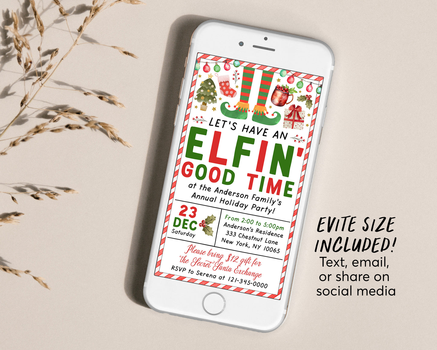 Elfin Good Time Invitation Editable Template, Funny Elf Christmas Holiday Party Invite For Adults, Dirty Secret Santa Gift Swap Party Evite