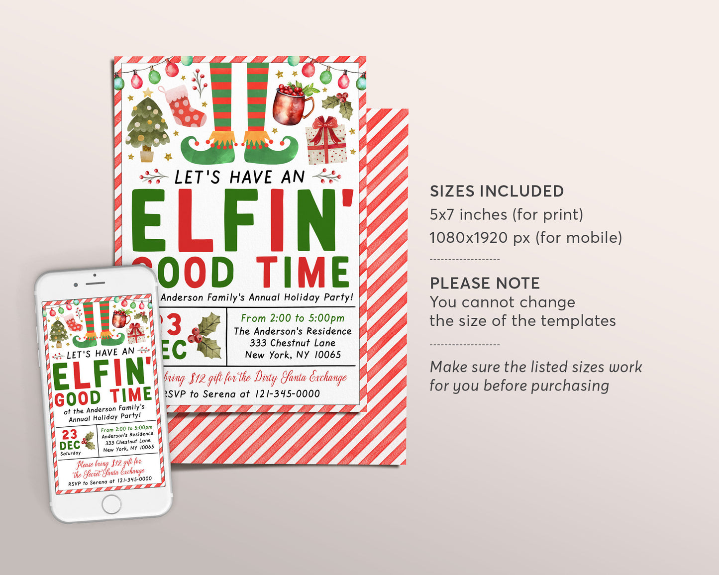 Elfin Good Time Invitation Editable Template, Funny Elf Christmas Holiday Party Invite For Adults, Dirty Secret Santa Gift Swap Party Evite