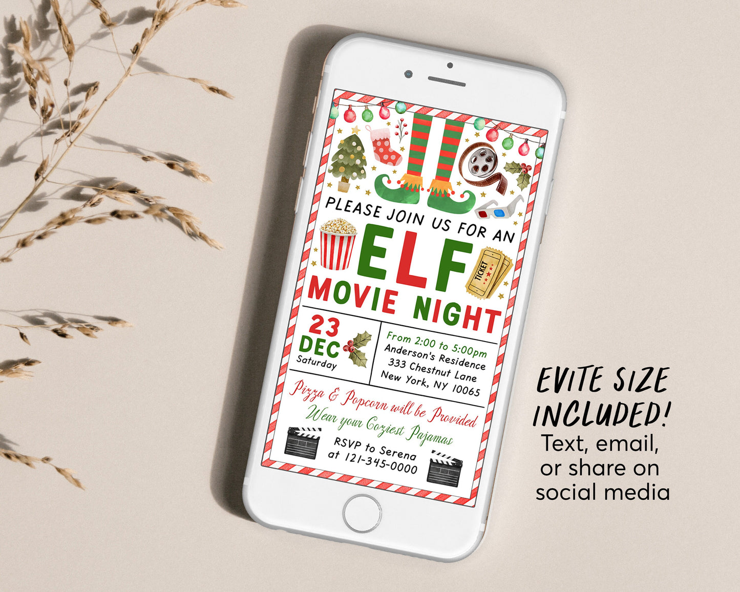 Elf Movie Night Invitation Editable Template, Christmas Movie Night Invite, Holiday Outdoor Movie Evite, Winter Pajama Party Printable