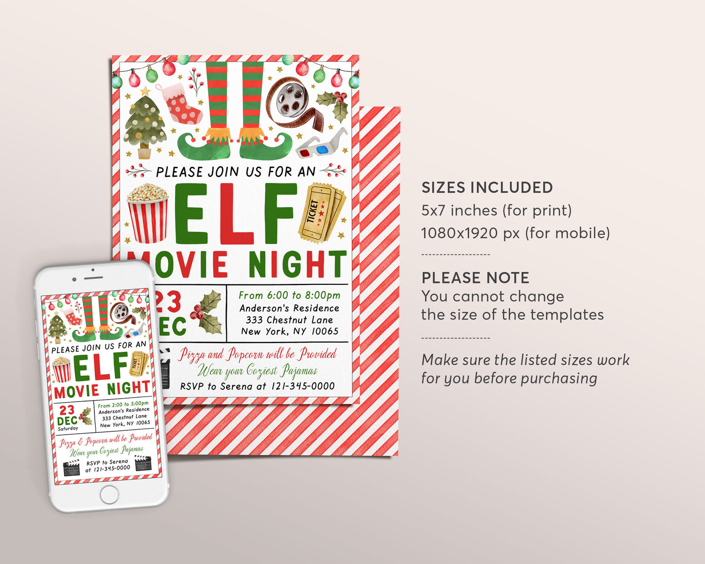 Elf Movie Night Invitation Editable Template, Christmas Movie Night Invite, Holiday Outdoor Movie Evite, Winter Pajama Party Printable