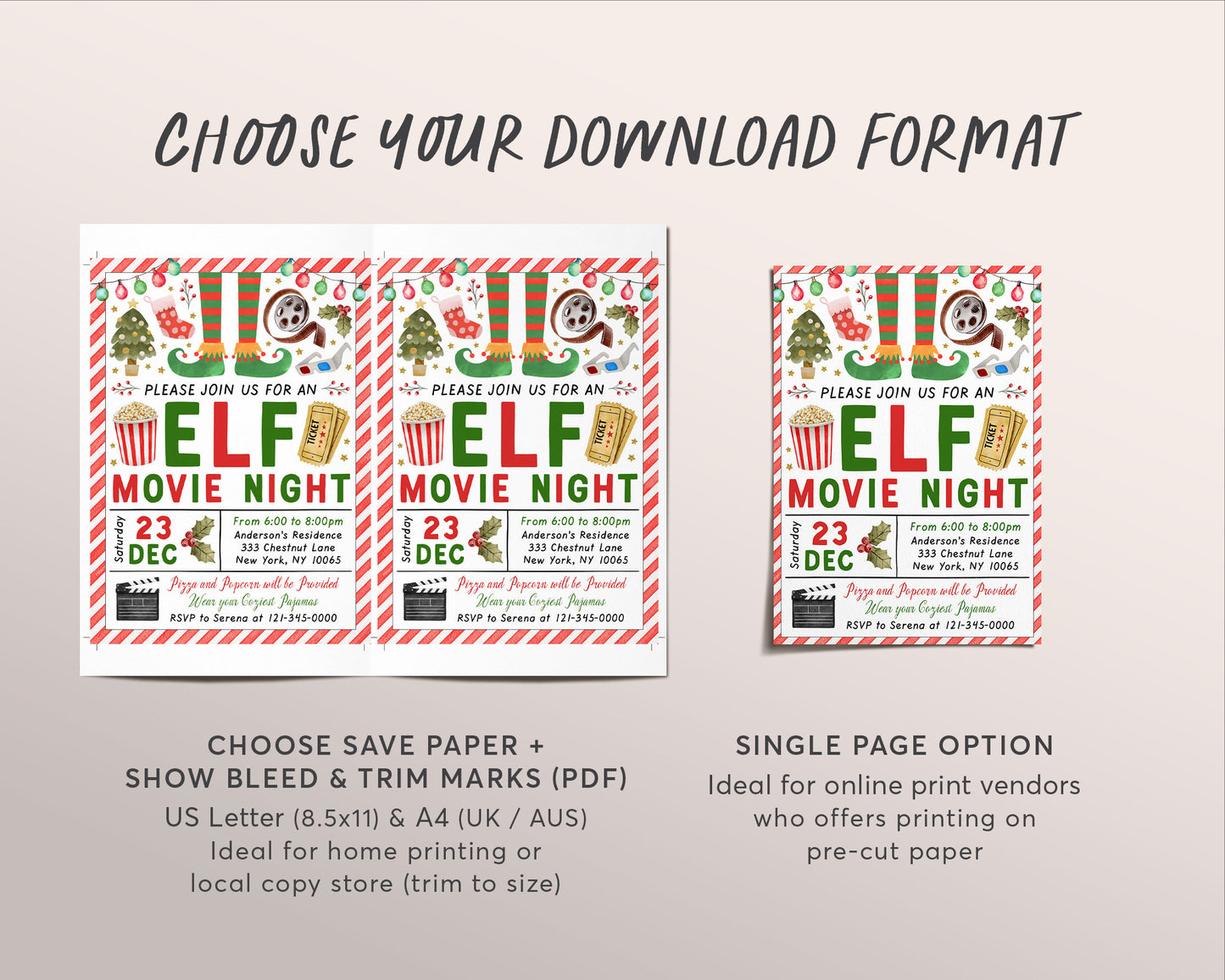 Elf Movie Night Invitation Editable Template, Christmas Movie Night Invite, Holiday Outdoor Movie Evite, Winter Pajama Party Printable