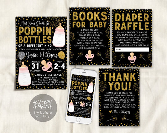New Years GIRL Baby Shower BUNDLE Invitation Suite Set Editable Template