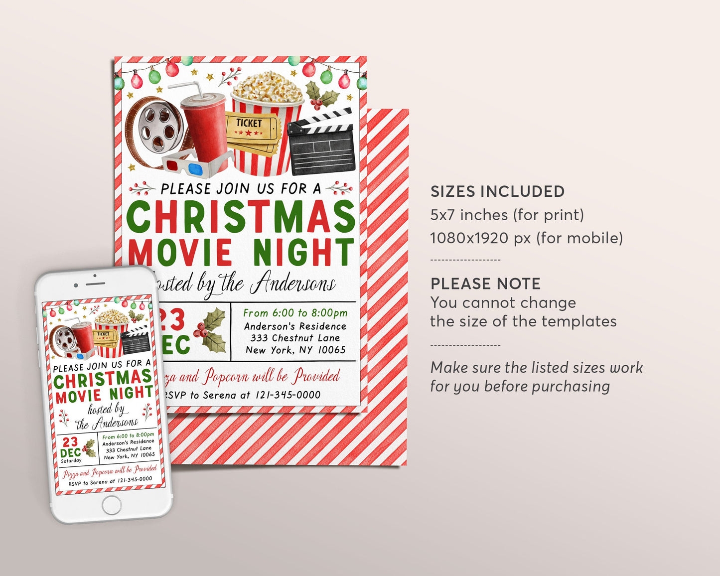 Christmas Movie Night Invitation Editable Template, Xmas Holiday Movie Party Invite Printable, Winter Outdoor Popcorn Movie, Winter Pajamas