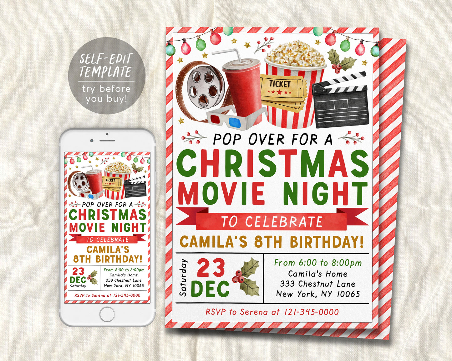 Christmas Birthday Movie Night Invitation Editable Template