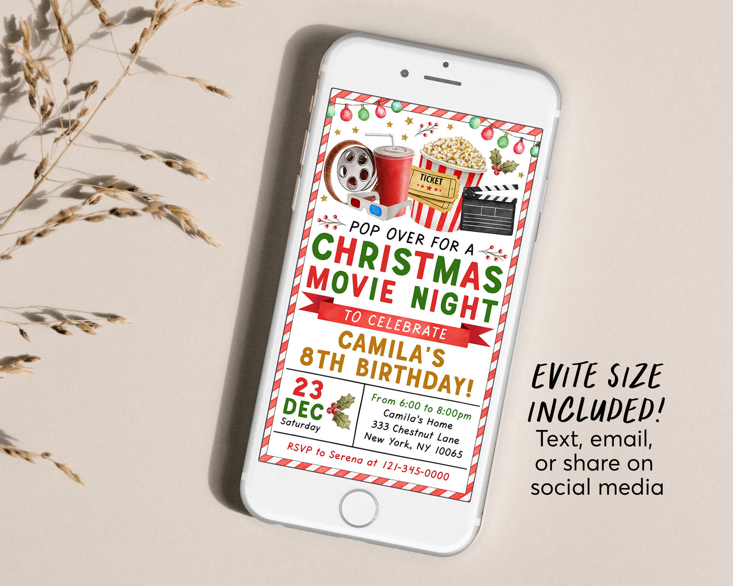 Christmas Birthday Movie Night Invitation Editable Template, Holiday Movie Party Invite Printable, Pajama Party Winter Outdoor Popcorn Movie