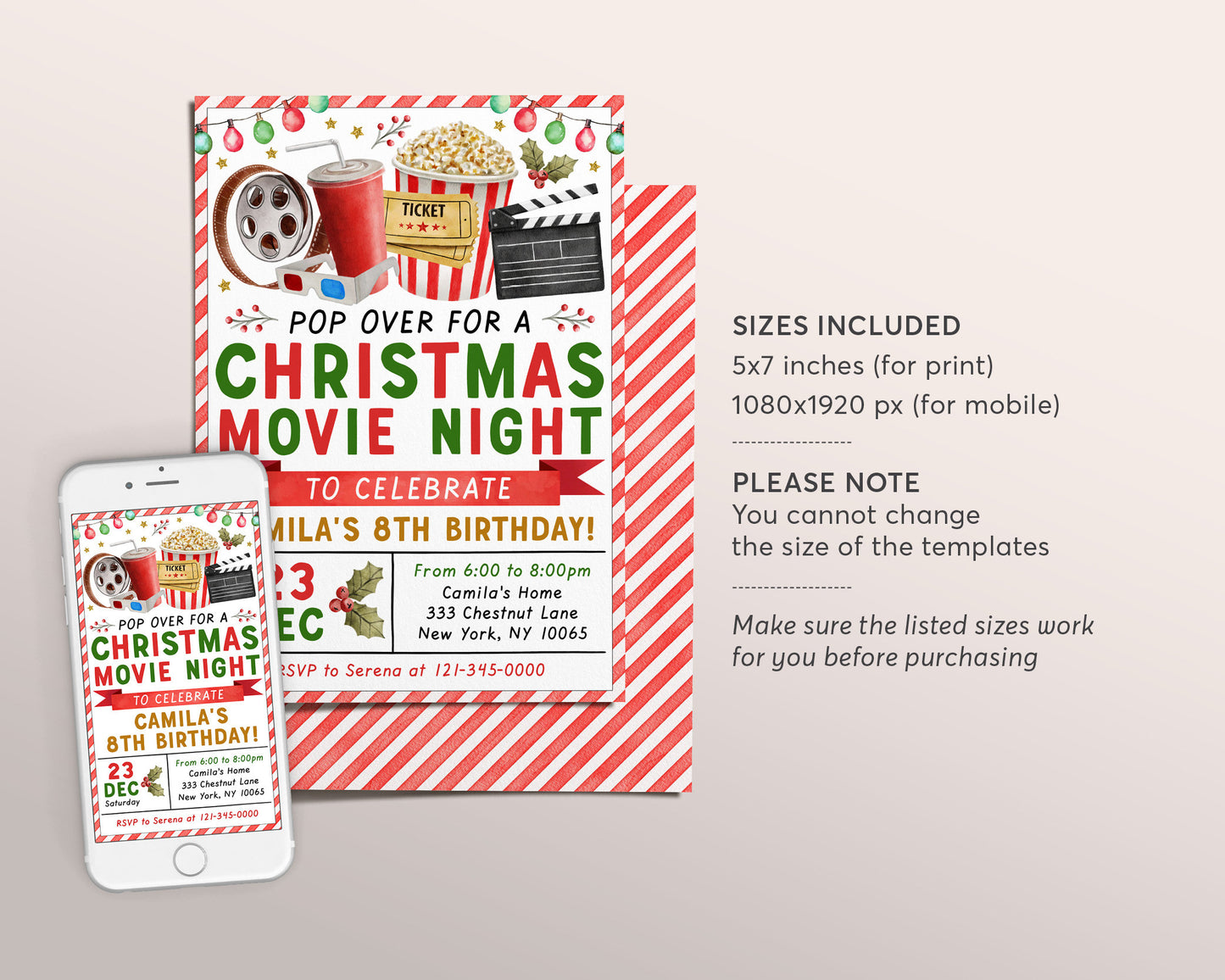 Christmas Birthday Movie Night Invitation Editable Template, Holiday Movie Party Invite Printable, Pajama Party Winter Outdoor Popcorn Movie