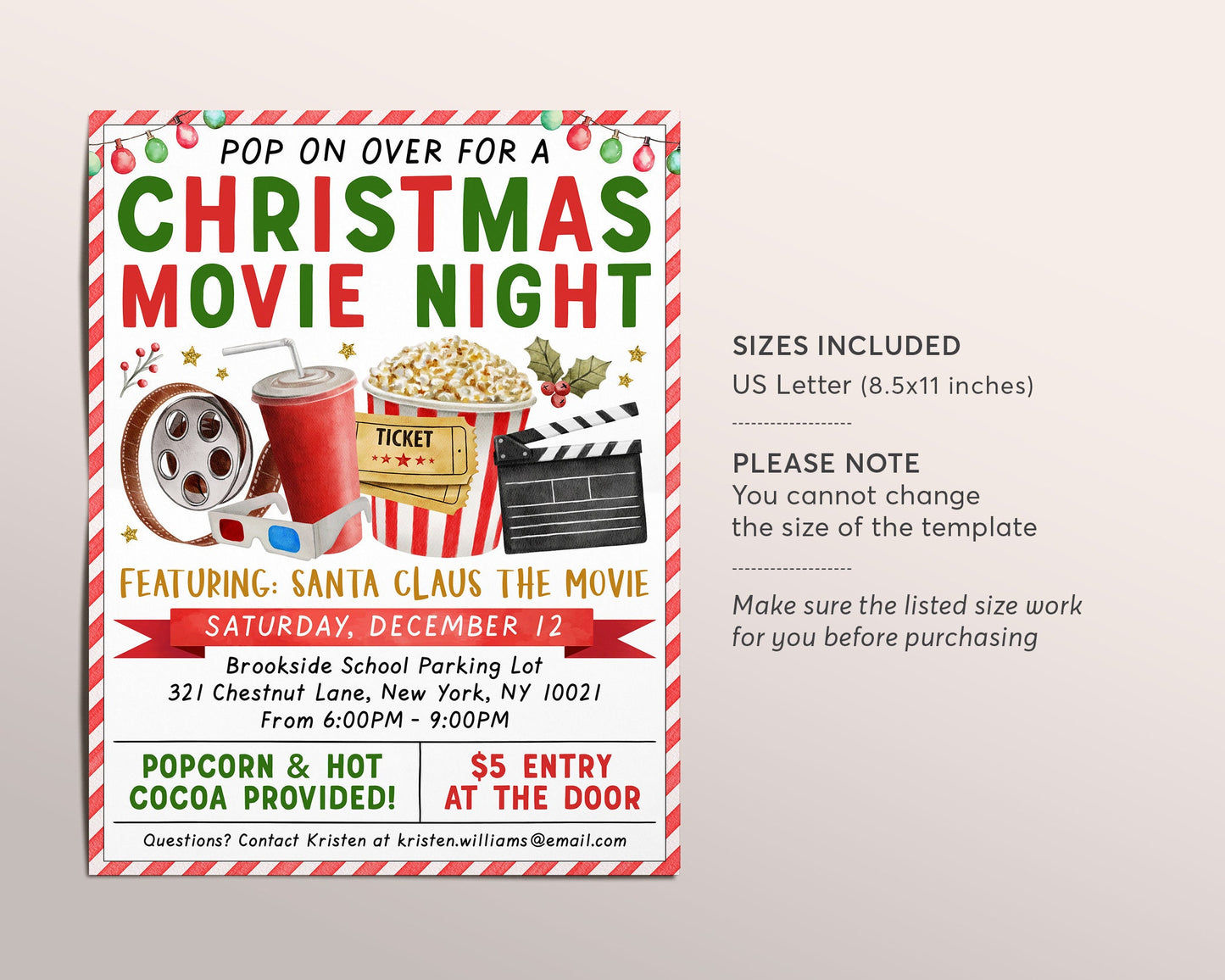 Christmas Movie Night Flyer Editable Template, Holiday Cinema Party Invite, Xmas Festival Event, Church Benefit School PTO PTA Fundraiser