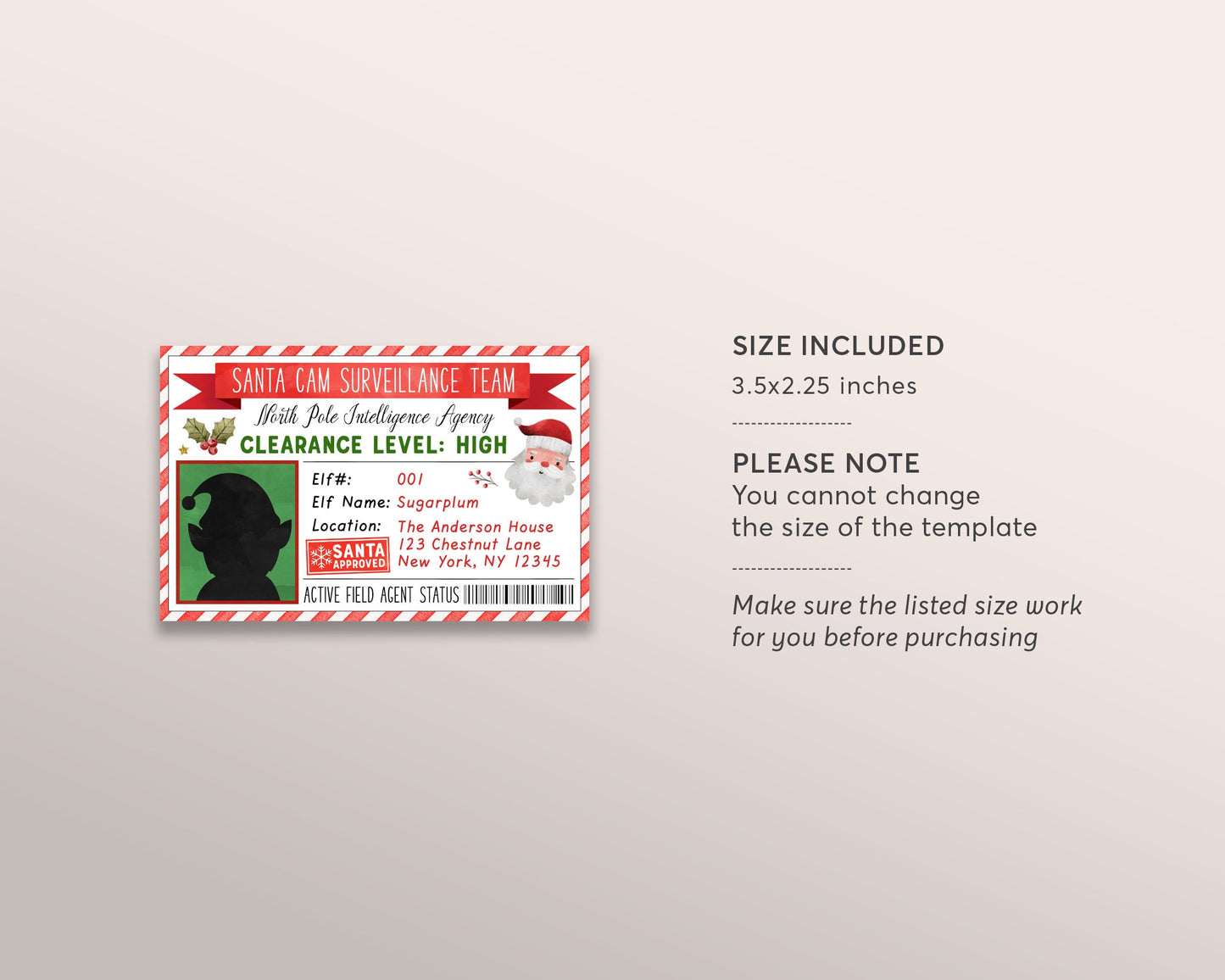 Elf ID Card Editable Template, Lost Elf License, Santa Cam Security Badge Elf Surveillance Team Printable, Santas Workshop North Pole Access