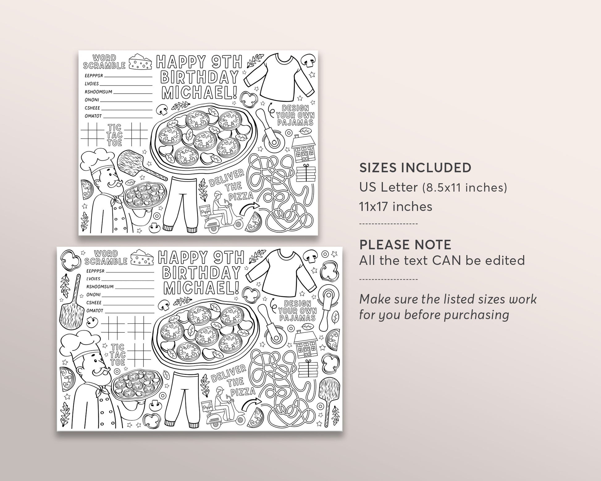 Pizza Party Placemat Editable Template, Pizza Party Coloring Page