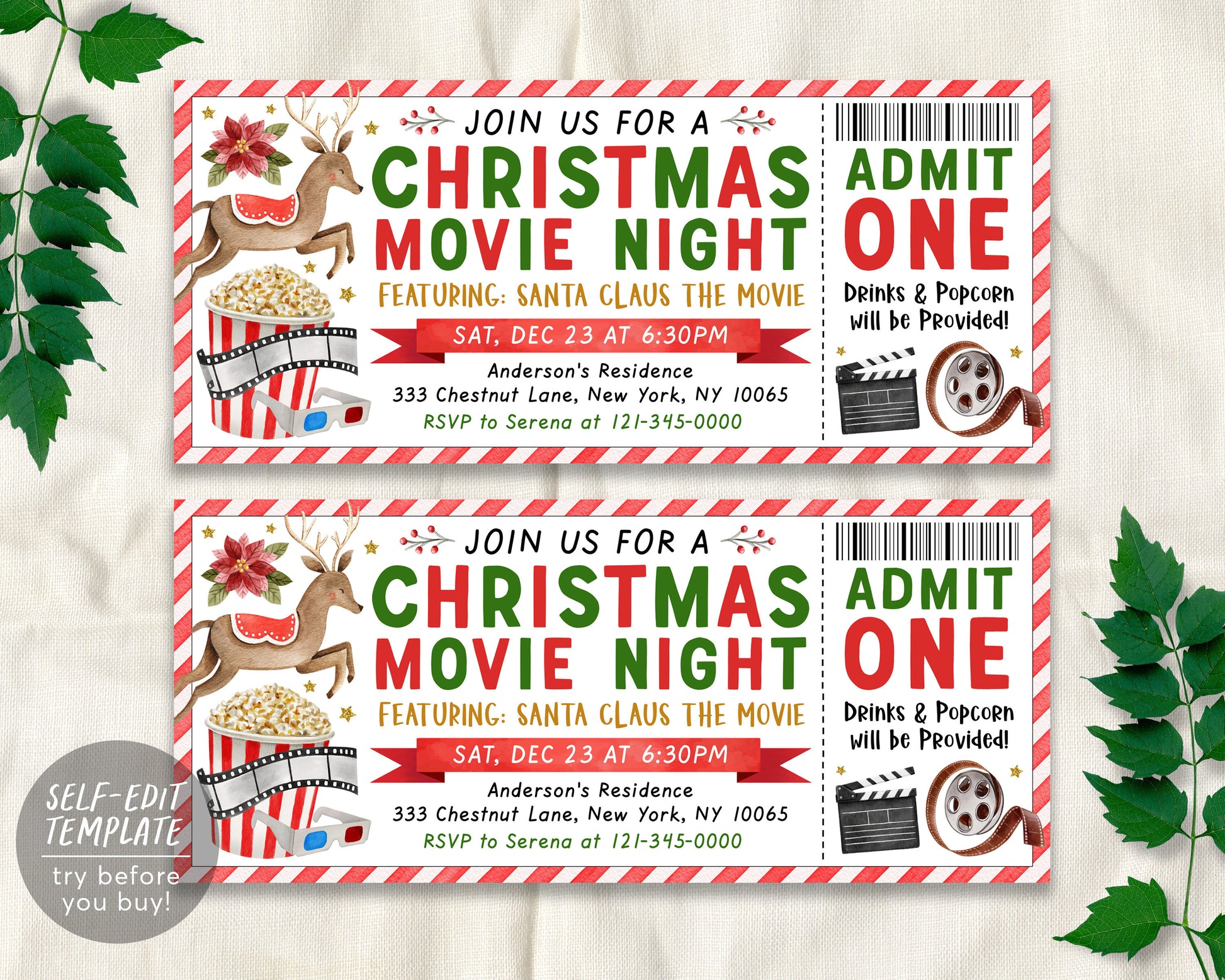Christmas Movie Ticket Invitation Editable Template