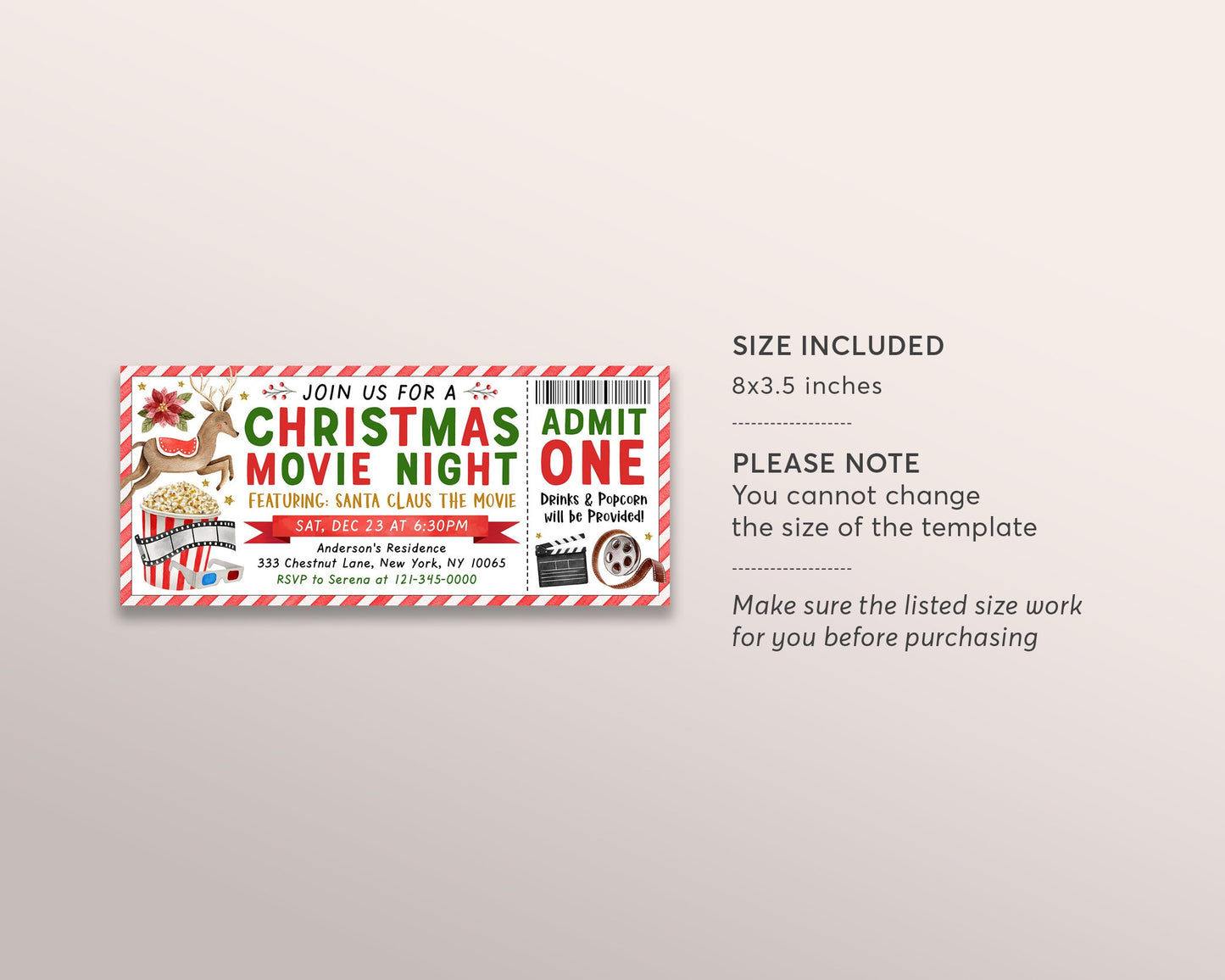 Christmas Movie Ticket Invitation Editable Template, Xmas Holiday Movie Night Gift Voucher Invite Printable, Santa Movie Family Night DIY