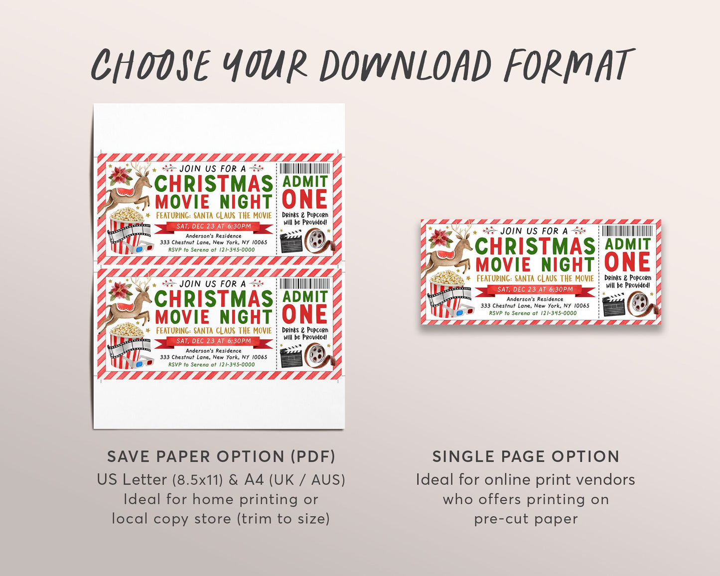 Christmas Movie Ticket Invitation Editable Template, Xmas Holiday Movie Night Gift Voucher Invite Printable, Santa Movie Family Night DIY