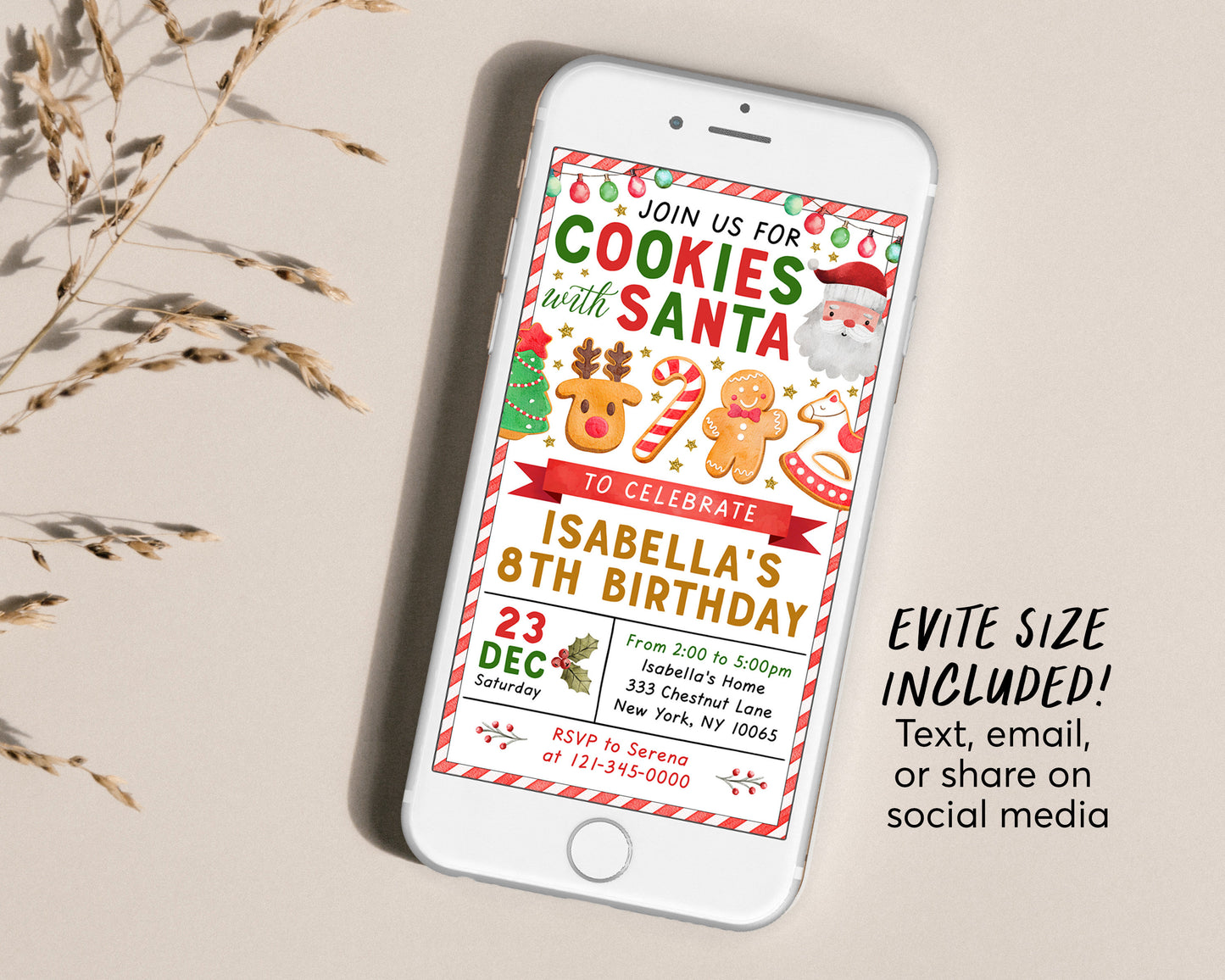 Cookies With Santa Birthday Party Invitation Editable Template, Christmas Cookies and Pajamas Invite Printable Evite Holiday Cookie Exchange