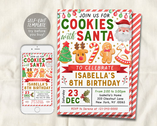 Cookies With Santa Birthday Party Invitation Editable Template