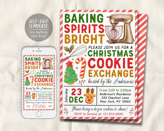 Christmas Cookie Exchange Party Invitation Editable Template