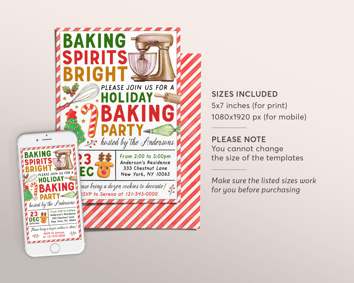 Baking Spirits Bright Invitation Editable Template, Holiday Baking Party Invite Printable, Christmas Cookie Decorating Party Cookie Exchange