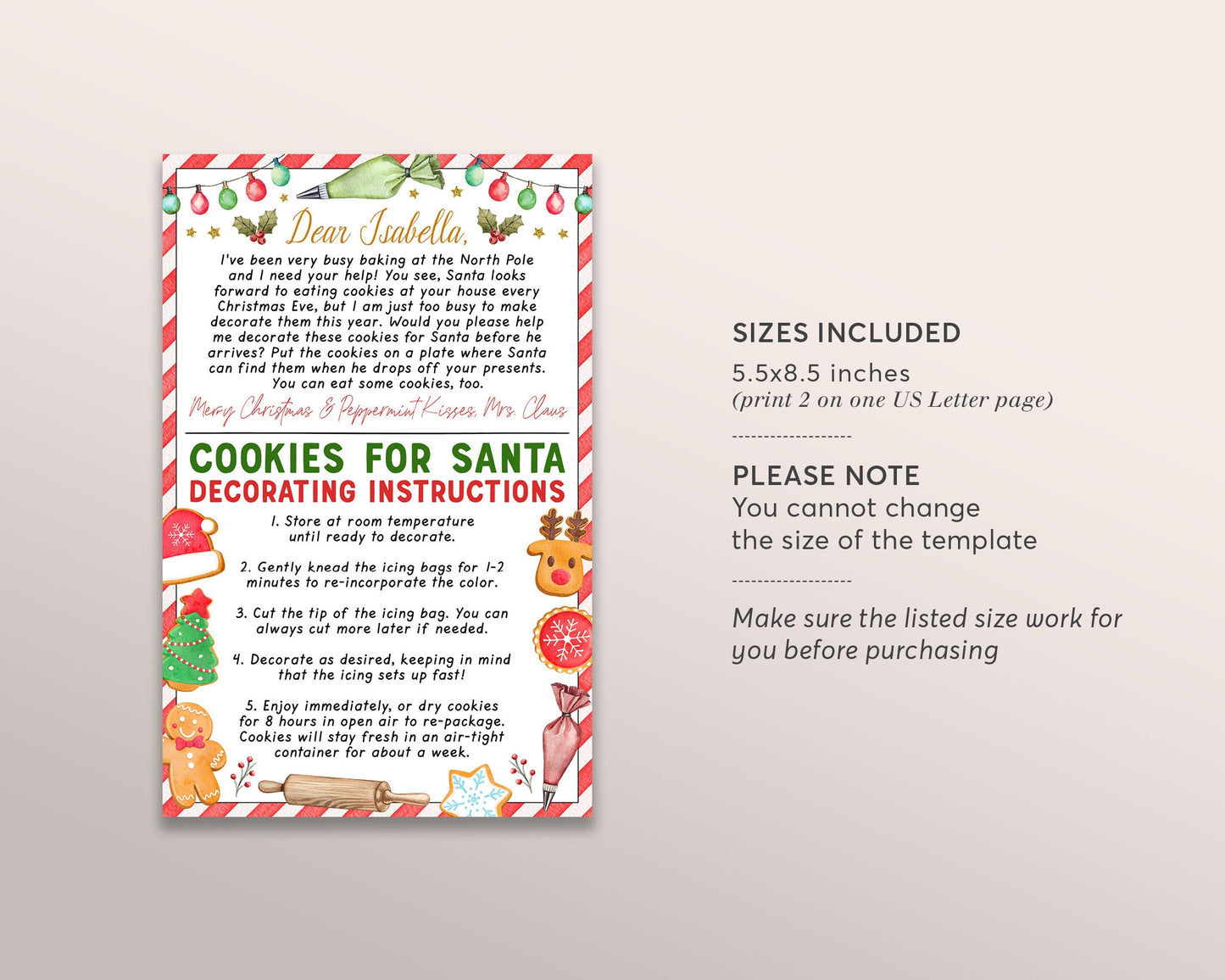 Letter From Mrs. Claus DIY Cookie Kit Instructions Card Editable Template, Christmas Cookie Decoration Christmas Eve Letter Basket Printable