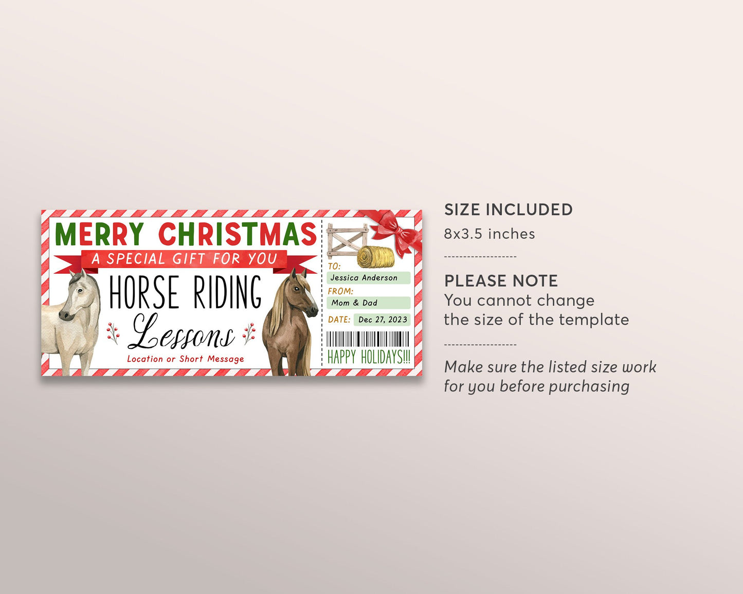Horse Riding Lessons Christmas Gift Voucher Editable Template, Surprise Horseback Riding Class Holiday Gift Certificate Stocking Stuffer
