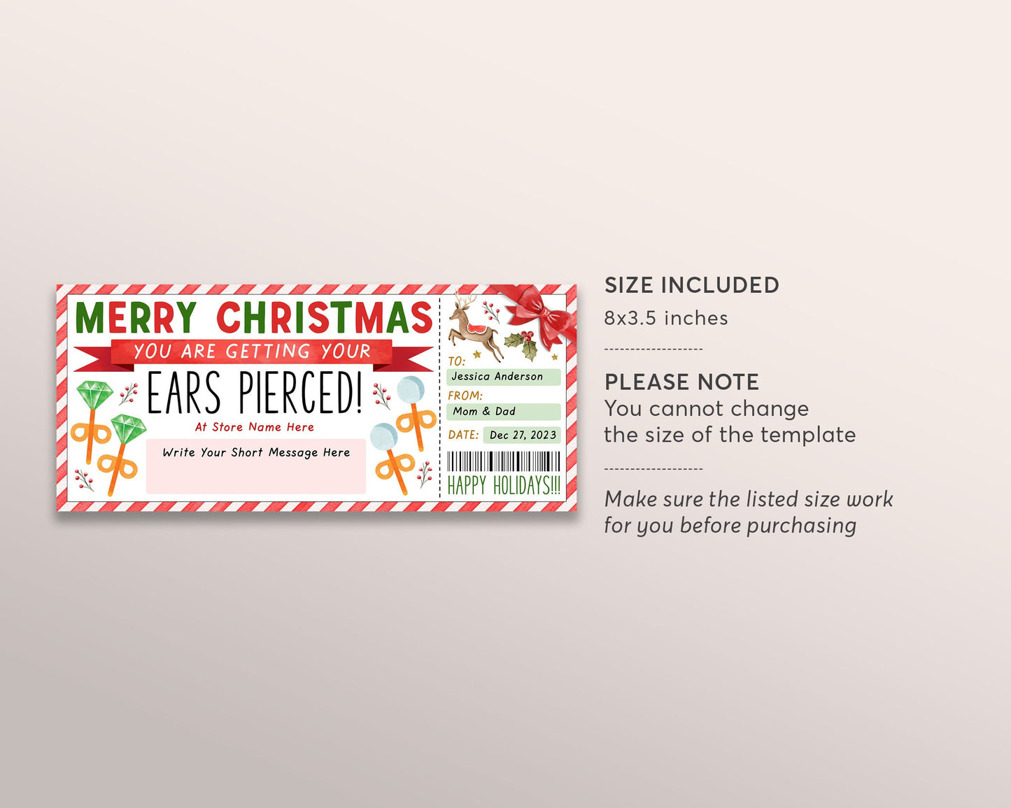 Christmas Ear Piercing Gift Voucher Editable Template, Surprise Gift Certificate For First Piercing Holiday Pierce Earring Coupon Teen Tween